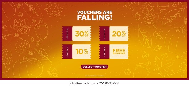 Vouchers are falling! Autumn Concept Coupon giveaway banner template with collect voucher button. Orange and red abstract background with hand drawn doodle fall elements. Vector Illustration.