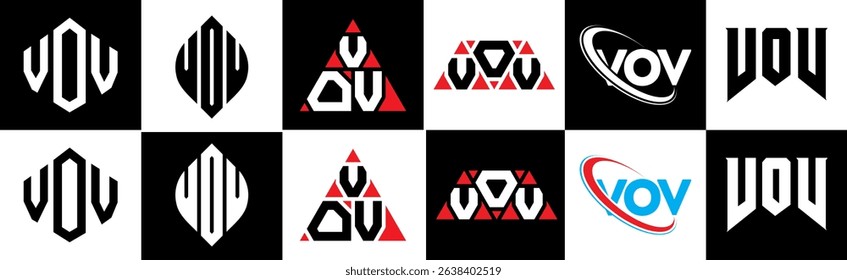 VOV letter logo design in six style. VOV polygon, circle, triangle, hexagon, flat and simple style with black and white color variation letter logo set in one artboard. VOV minimalist and classic logo