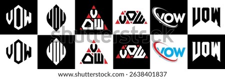 VOW letter logo design in six style. VOW polygon, circle, triangle, hexagon, flat and simple style with black and white color variation letter logo set in one artboard. VOW minimalist and classic logo