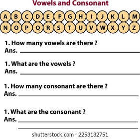 Vowel and consonant learning worksheet for kindergarten, vector illustration