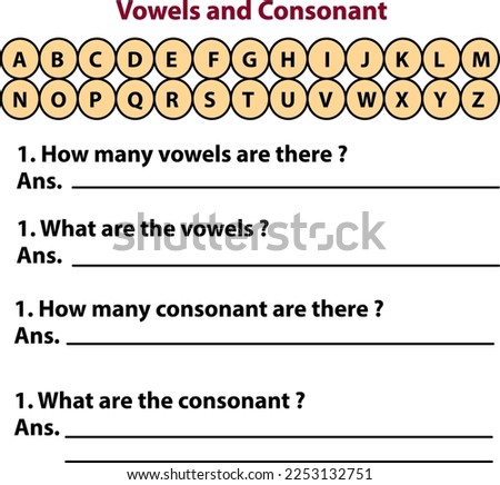 Vowel and consonant learning worksheet for kindergarten, vector illustration