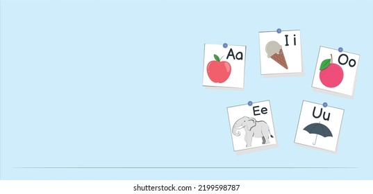 Vowels of English alphabet with representation pictures. animals with vowel letter on isolated background with copy space. vector illustration