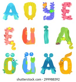 Vowels of the Latin alphabet like sea inhabitants / The letters are in different colors and belong to English, Polish and German alphabet.