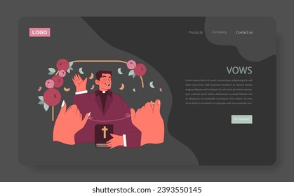 Vows concept. A priest joyfully recites wedding vows, holding a holy book, as hands reach out in celebration amidst floral decor. Moments of unity. Flat vector illustration.