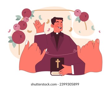 Vows concept. A priest joyfully recites wedding vows, holding a holy book, as hands reach out in celebration amidst floral decor. Moments of unity. Flat vector illustration.