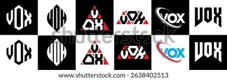 VOX letter logo design in six style. VOX polygon, circle, triangle, hexagon, flat and simple style with black and white color variation letter logo set in one artboard. VOX minimalist and classic logo