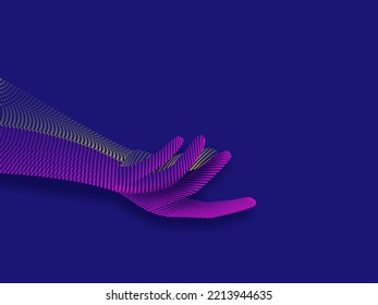Voxel Art Striped Human Hand Against Blue Background.