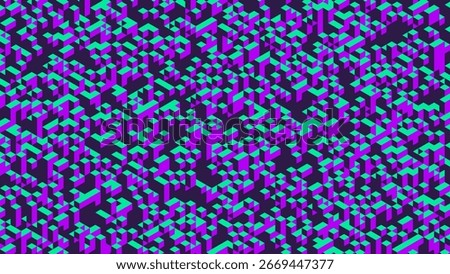 Voxel chaos filled with isometric countless tiny cubes arranged in irregular geometric structure. Futuristic chaotic voxel cubes. Voxel art for futuristic digital artwork or creative visualization
