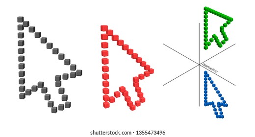 Voxel cursor arrow set. Isolated on white background. 3d Vector illustration. Different viewes.