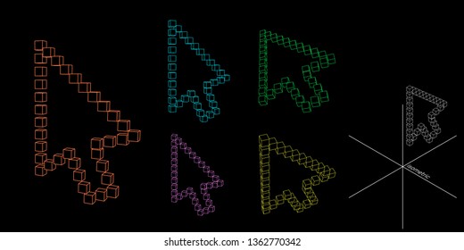 Voxel cursor arrow set. Isolated on black background. 3d Vector outline illustration.