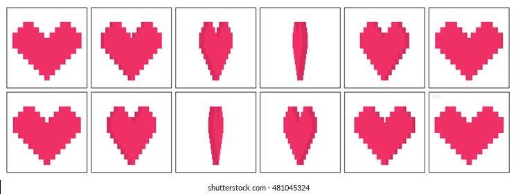 Voxel Heart Rotation. Animation sequence sprite sheet  pixel art red vector illustrartion 