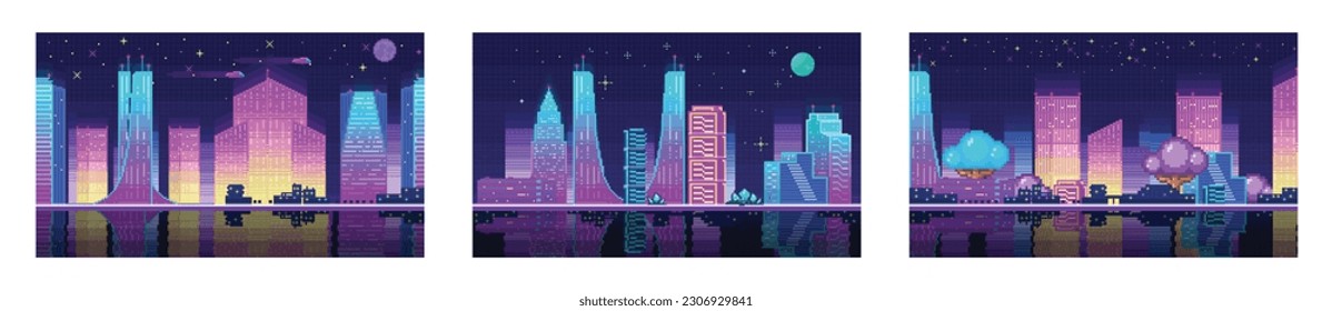 Voxel night cityscape background. Pixel art cyberpunk style city illustration. Neon lights and dark theme city. Chinese 8 bit city, arcade, poster. Bright colorful, illuminated street, city landscape