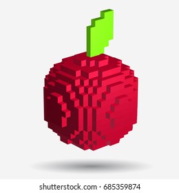 Voxel Red Apple in Pixel Style on white background. Vector Illustration