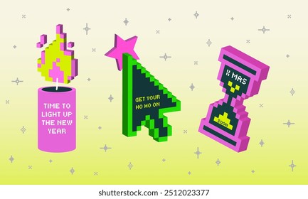 Voxel Y2k trendy playful colorful stickers for New Year's celebration. Retro 90th pixel style for Christmas SMM. Concept for marketing, web, cards, t-shirts. Ho-ho-ho cursor click. Geometric Brutalism