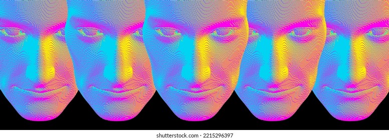 Voxelized face. Concept of mistical mask or face. Technology and robotics concept. 3D vector illustration of multiple cloned humans. Design for presentation, cover or brochure.