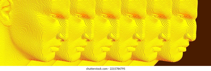 Voxelized face. Profiles of soliders. Technology and robotics concept. 3D vector illustration of multiple cloned humans. Design for presentation, cover or brochure.