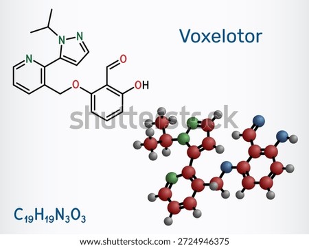 Voxelotor molecule, haemoglobin modifier. Drug used for the treatment of sickle cell disease. Structural chemical formula, molecule model. Vector illustration