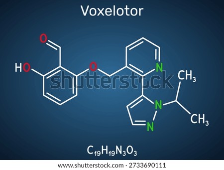 Voxelotor molecule, haemoglobin modifier. Drug used for the treatment of sickle cell disease. Skeletal chemical formula. Dark blue background. Vector illustration