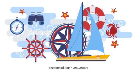 Voyage and adventure by sea transport, sailing boat with lifebuoy, wheel and compass, binoculars and timer. Underwater dwellers, marine crab and sea stars floating in water. Vector in flat style