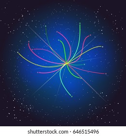 Voyage Beyond the Space. Boson Higgs, quantum mechanics. Big Bang illustration. Vector abstract cosmic background.