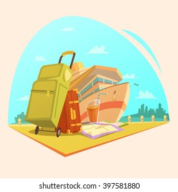 Voyage cartoon concept with cruise ship juice and suitcases vector illustration 