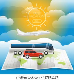 Voyage concept. Different transport on a world map
