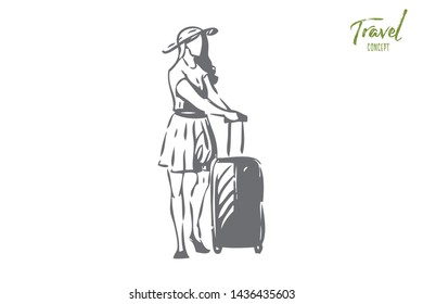 Voyage concept sketch. Going to different country by airplane. Girl with packed baggage, luggage. Tourists on walk. Waiting for flight. Flying abroad by yourself. Isolated vector illustration