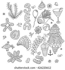Voyage design colorless set  illustration. Coloring book. Black and white hand drawn line art. Sea, summer, holiday seamless pattern