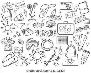 Voyage design colorless set vector illustration. Coloring book. Black and white line art