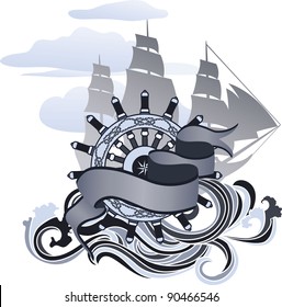 Voyage design element, banner, hand wheel and sailing ship