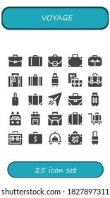 voyage icon set. 25 filled voyage icons. Included Briefcase, Suitcase, Case, Luggage, Baggage, Paper plane icons