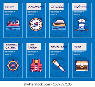 Voyage items color linear icons set. Marine fauna, sea inhabitants. Cruise journey, exciting trip, travelling. Pirate attributes, sea adventure, treasure hunt concept. Isolated vector illustrations