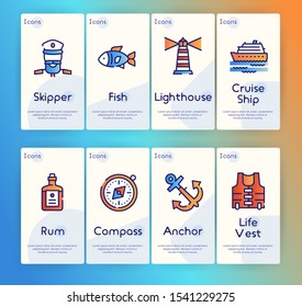 Voyage items color linear icons set. Marine fauna, sea inhabitants. Cruise journey, exciting trip, travelling. Pirate attributes, sea adventure, treasure hunt concept. Isolated vector illustrations