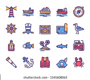 Voyage items color linear icons set. Marine fauna, sea inhabitants. Cruise journey, exciting trip, travelling. Pirate attributes, sea adventure, treasure hunt concept. Isolated vector illustrations