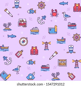 Voyage items color linear icons set. Marine fauna, sea inhabitants. Cruise journey, exciting trip, travelling. Pirate attributes, sea adventure, treasure hunt concept. Isolated vector illustrations