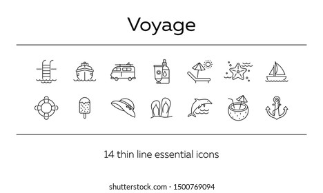 Voyage line icon set. Cruise liner, van, vessel, ship. Beach concept. Can be used for topics like travel, trip, vacation, journey