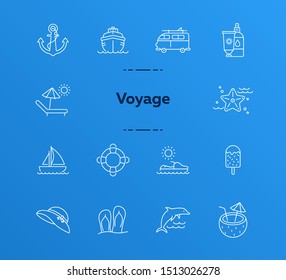 Voyage line icon set. Cruise liner, van, vessel, ship. Beach concept. Can be used for topics like travel, trip, vacation, journey