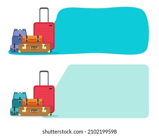 Voyage luggage suitcases banner blue color for family trip travel vocation concept flat cartoon copy space text template illustration, sale modern stylish holiday poster blank empty design