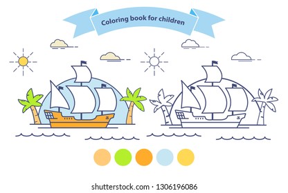 A voyage on a galleon palm tree.Sailing ship coloring book for children. Outlined doodle.Flat vector.Isolated on a white background.