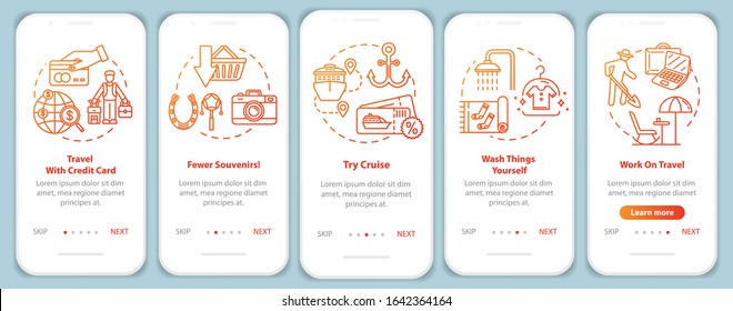 Voyage tips onboarding mobile app page screen with concepts. Charge card using. Cruise. Cheap trip walkthrough five steps graphic instructions. UI vector template with RGB color illustrations