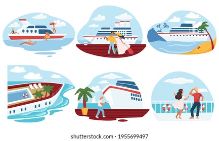 Voyage tourist vacation or weekends spend on cruise liner or yacht. Ship by seaside or port, people with tickets ready for boarding. Passengers with baggage walking in deck, vector in flat style - Shutterstock ID 1955699497