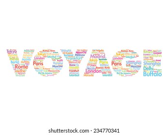 VOYAGE travel concept made with words cities names, vector collage