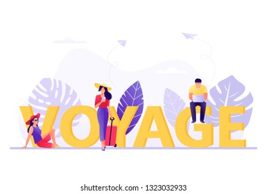 Voyage, Travelling, booking - small people near big letters Voyage. Vacation, recreation, holiday, travel. Tropical island. Flat concept vector illustration for web, landing page, banner