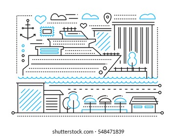 Voyage trip - vector plain line flat design illustration with cruise liner