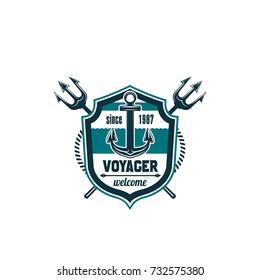 Voyager marine heraldic shield icon of ship anchor, navy trident or sailing chain rope of lifebuoy. Vector isolated symbol of seafarer sailing, captain or sailor voyage travel badge