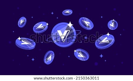 Voyager Token (VGX) coins falling from the sky. VGX cryptocurrency concept banner background.