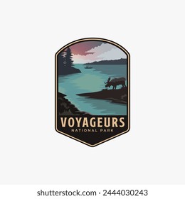 Voyageurs National Park logo patch badge illustration, Beautiful lake scenery and the moose emblem design