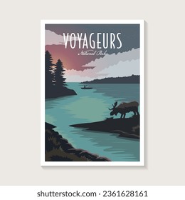 Dibujo del afiche del Parque Nacional Voyageurs, hermoso paisaje del lago y el diseño del afiche del alce