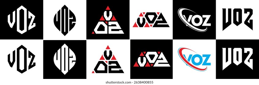 VOZ letter logo design in six style. VOZ polygon, circle, triangle, hexagon, flat and simple style with black and white color variation letter logo set in one artboard. VOZ minimalist and classic logo