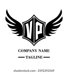 VP bold shield logo with wings, customizable with letters A to Z. Perfect for brands seeking a powerful symbol of strength, freedom, and ambition